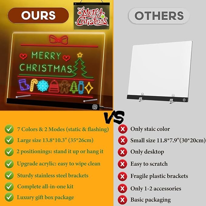 16" LED Note Board with Light, Vamotto Acrylic Dry Erase Boards with Stand & Hanging Kit, Glow Drawing Board for Kids Adults, Desktop or Wall Mount Message Board for Home Office Christmas Decor