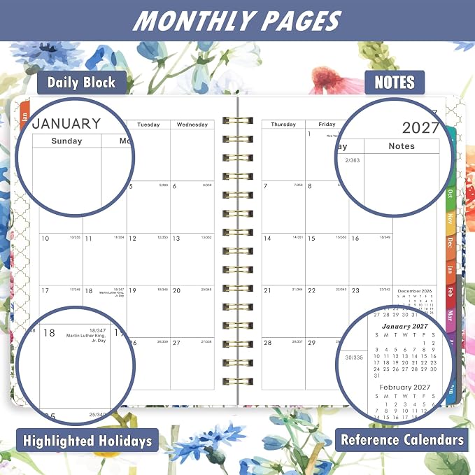 2027 Planner - 2027 Planner Weekly and Monthly, Jan 2027 - Dec 2027,2027 Calendar Planner with Colorful Tabs, 6.3" x 8.4", Hardcover with Back Pocket + Thick Paper + Twin-Wire Binding - Flowers