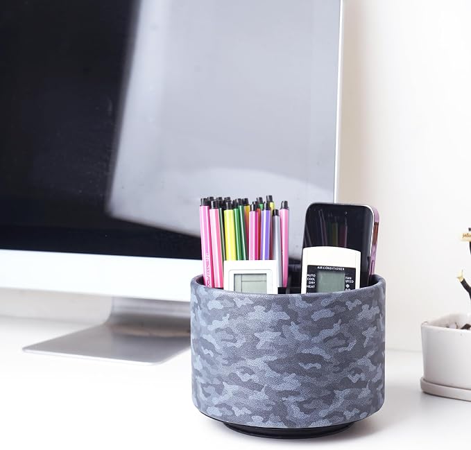 Round Leather Art Supply Organizer,Remote Control Holder,360 Degree Rotating,Multi-Functional Pencil Holder,4 Compartments Desktop Stationary Organizer(1-Camouflage Blue)