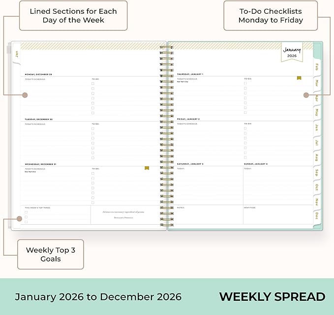Blue Sky Day Designer 2026 Weekly and Monthly Planner Calendar, January 2026 - December 2026, 8.5" x 11", Flexible Cover With Zip Pouch, Durable Twin Wire Binding, Storage Pocket, Includes Stickers, Tulip Garden Mint