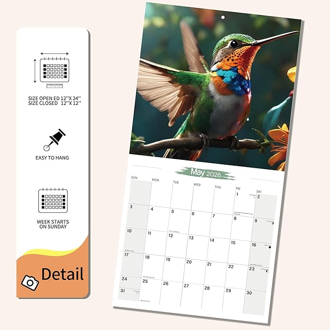 2025-2026 Wall Calendar Hummingbird Planner Calendar, Hangable Monthly Wall Calendar with Large Blocks for Organizing & Planning, Academic Schedule, Home, Office & family, Thick & Sturdy Paper (12"x24" Open)