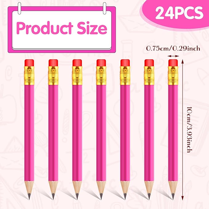 24 Pcs Mini Half Pencils Pink Golf Pencils with Erasers Bulk 4 Inch Short Pre Sharpened Pencil Small Pencil for Games Baby Shower Bridal Shower Wedding Presents Classroom Back to School Office Pocket