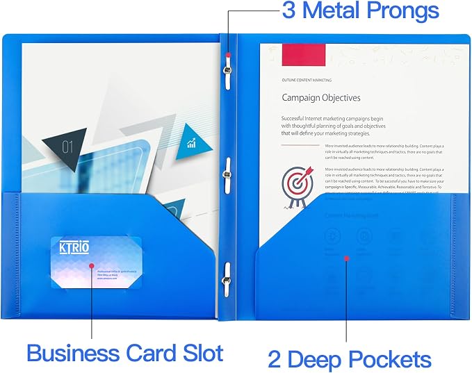 KTRIO 5 Pack Plastic Pocket Folders, 3 Prong, Letter Size, 5 Bright Colors | 3 Prong Fasteners, 2 Pocket Storage, Business Card Slot, Water-Resistant PP, School Office Use