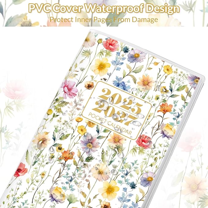KONVINIT Pocket Calendar 2025-2027, Floral 2025-2027 Monthly Planner - 3.7" x 6.7" - Runs from July 2025 Until December 2027, 2026 Pocket Calendar with PVC Cover for Student, Women, Office Supplies