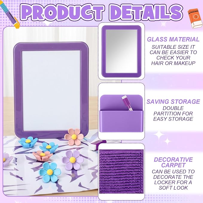 Pinkunn 17 Pcs Kpop Locker Accessories Include Kpop Locker Organizer Shelf Purple Rug Disco Ball Magnetic Mirror Whiteboard Pen Holder Flower Magnets Marker for Back to School Essentials