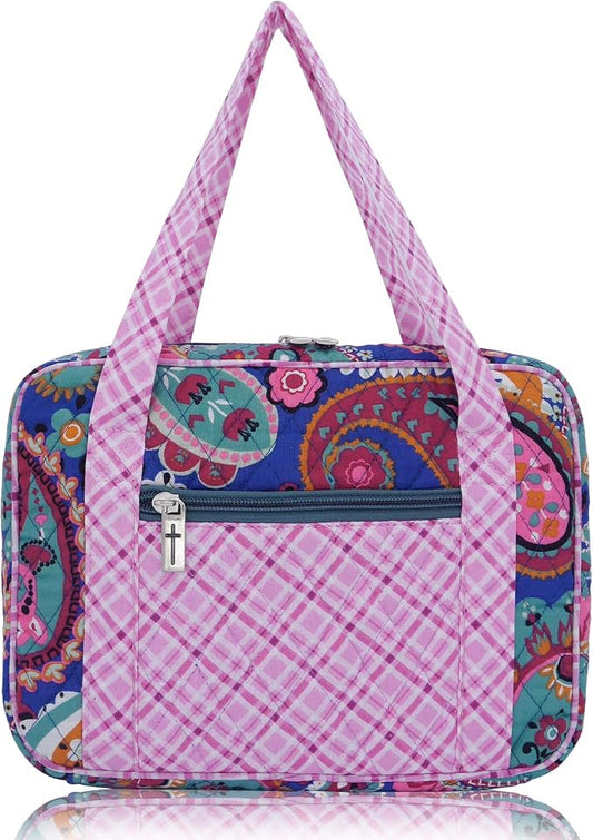 DIWI Quilted Cotton Bible Cover Bible Tote Book Bag Extra Large Sizes 11.25 X 8.25 X 2.75 Inches (XL, C2 Pink Blue) paisley