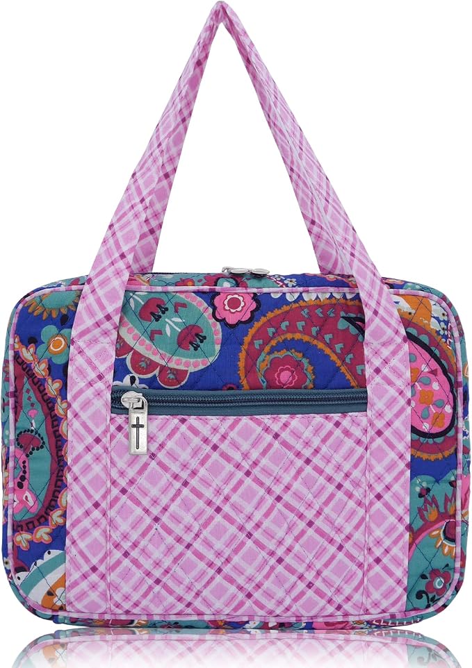 DIWI Quilted Cotton Bible Cover Bible Tote Book Case Large Sizes 10 X 7 X 2.75 Inches (L, C2 Pink Blue)
