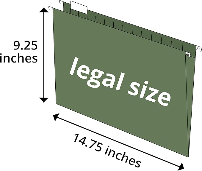 Blue Summit Supplies 50 Legal Size Hanging File Folders, 1/5 Cut Adjustable Tabs, 5 Tab Locations, Designed for Legal and Law Office File Organization, Standard Green, 50 Pack, Legal Size
