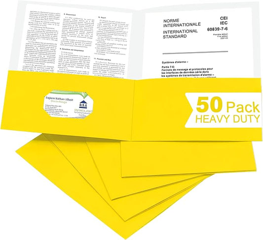 Zzrywuty 50 Packs Yellow Two Pocket File Folders with Business Card Slot,Textured Paper,Letter Size,Holds 100 Plus Sheets for School,Office,Business