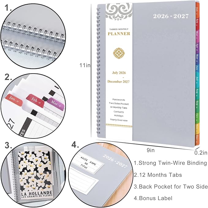 2026-2027 Monthly Planner/Calendar, July 2026 - December 2027, 18 Monthly Planner with Tabs & Pocket & Label, Contacts, 9" x 11", Thick Paper, Twin-Wire Binding - Dark Grey