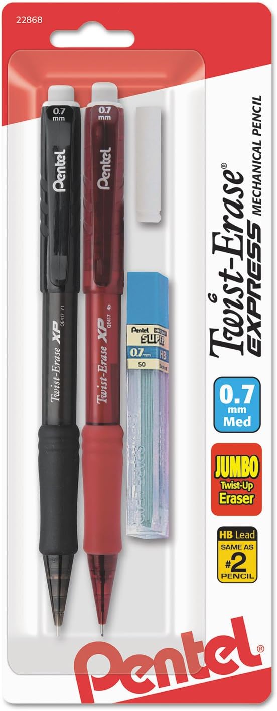 Pentel Twist-Erase Express Automatic Pencil with Lead and Eraser, 0.7mm, Assorted Barrels, 2 Pack (QE417LEBP2)