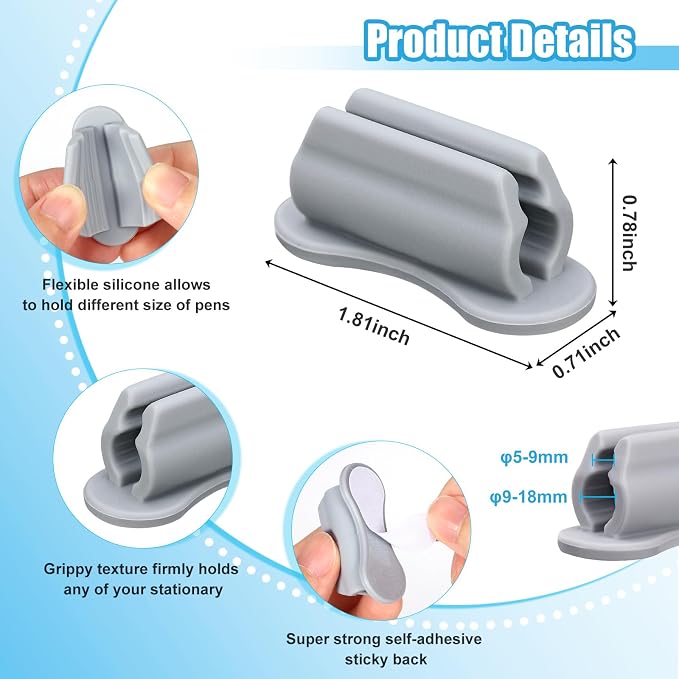 BOBOKA 20 Pack Upgraded Pencil Holder, Adhesive Pen Holder for Desk, Silicone Pencil Holder & Marker Holder for Clipboard Wall Classroom School Office Desk Accessories