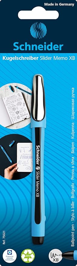 Schneider Slider Memo XB (Extra Broad) Ballpoint Pen, 1.4 mm, Light Blue Barrel, Black Ink, Blister Pack of 1 Pen (75023)