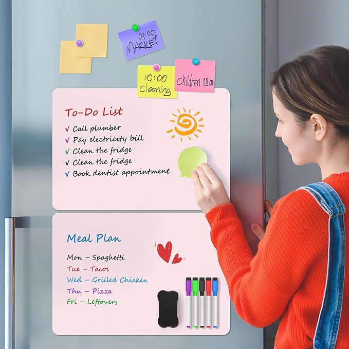 MaxGear 5 Pack Pink Magnetic Whiteboard for Fridge, 12 x 8 Inch Dry Erase Board for Refrigerator, Reusable Kitchen Planner, Magnetic Writing Board for Home, Includes 5 Markers, 5 Magnets and 1 Eraser