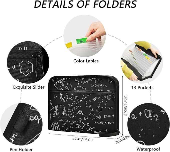 Drawing Chemical Black 13 Pockets Expanding File Folder with Sticky Labels Accordion File Folder Document Organizer Letter Size A4 Papers Expandable File Keeper