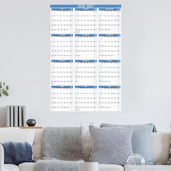 2026-2027 Wall Calendar - 2026-2027 Yearly Wall Calendar, July 2026 - June 2027, Calendar 26-27, 34.8" x 22.8"(Open), One Page Vertical with Round Stickers, Gift Pocket - Haze Blue