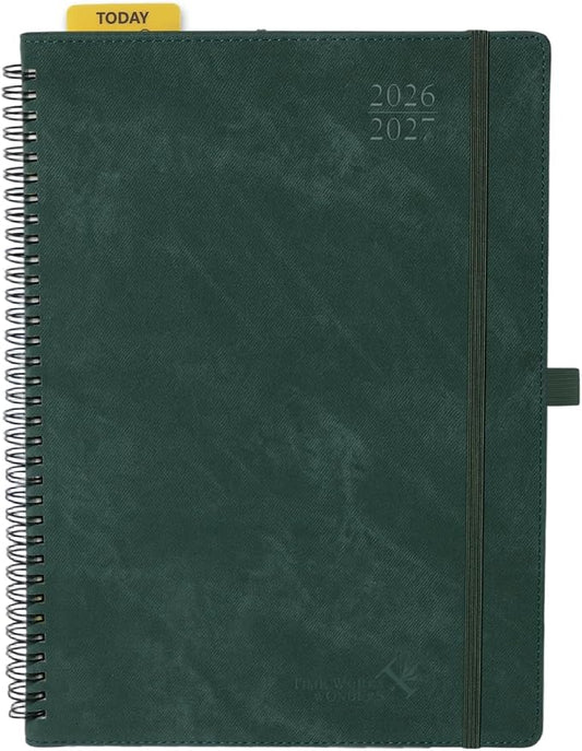 POPRUN 2026-2027 Planner Weekly and Monthly, Large Size 8.25" x 11.75", July 2026 to June 2027, Spiral Bound Calendar with Hourly Time Slots, Vertical Layout, Leather Soft Cover, Notes Pages - Black Green