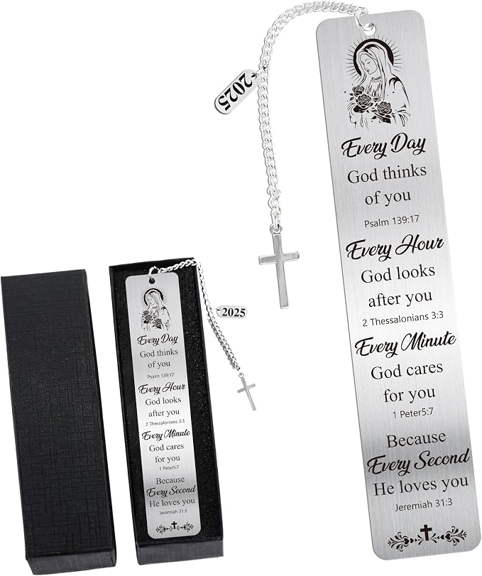 Virgin Mary Metal Bookmark Gifts, Religious Book Mark with Cross Charm, Bible Reading Page Markers for Women Men, Pastor Appreciation Catholic Christian Gift School Office Supplies