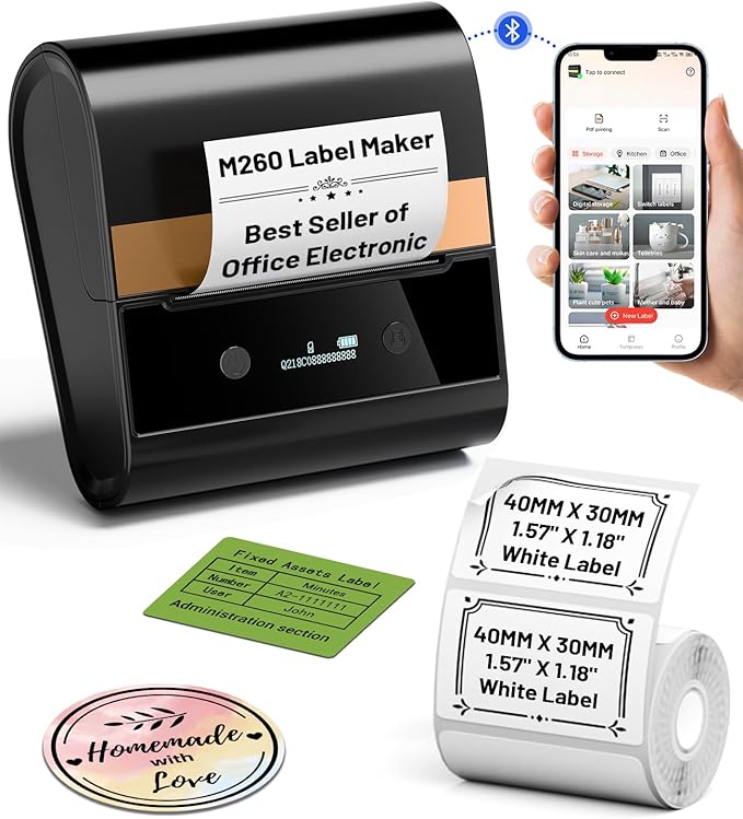 Memoking Label Maker - M260 Barcode Label Printer + 3 Roll 3.14" (50x80mm) Labels
