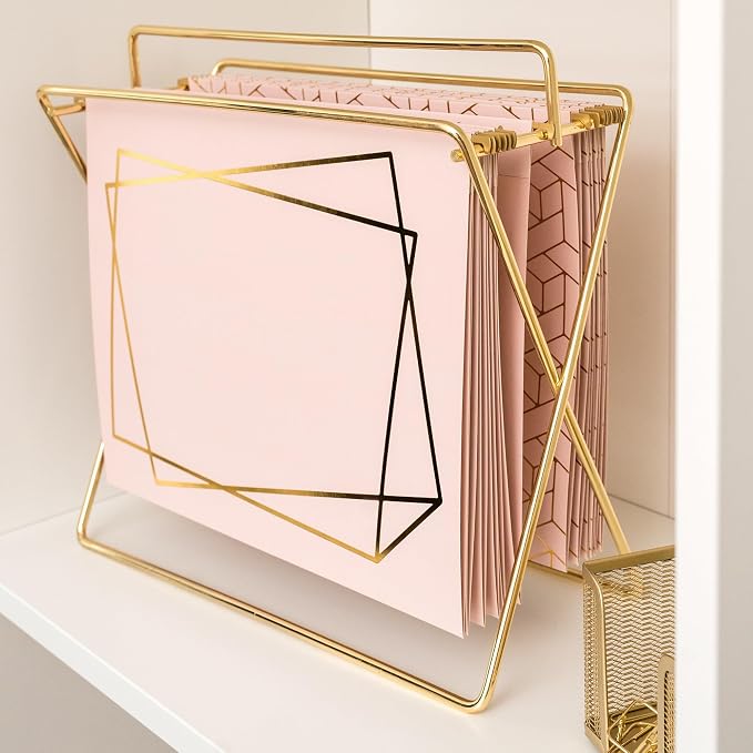 BLU MONACO 12 Pack Decorative Hanging File Folders | Letter Size with Adjustable Tabs | Pink Filing Folders with Gold Foil Design | Cute Hanging Folder Set for Office or Filing Cabinet
