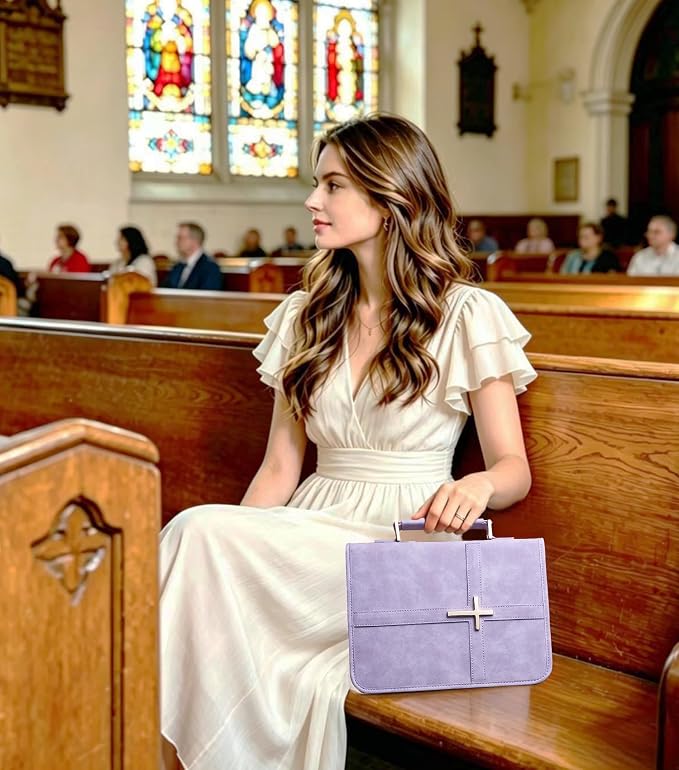 Vegan Leather Bible Cover for Men & Women, Bible Case with Gift Box, Christian Catholic Religious Bible Gifts (Purple)