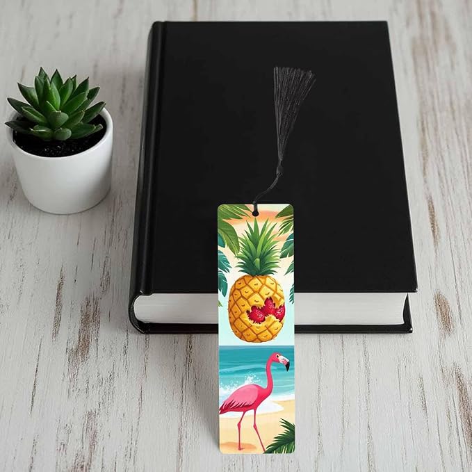 Fun Pineapple 5 Pcs Bookmarks Flamingo Palm Leaf Beach Summer Wooden Bookmarks with Tassel for Students Reader Teachers Book Lovers