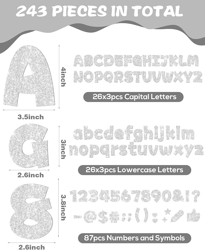 243 Pcs Glitter Bulletin Board Letters Set, 4 Inch Alphabet Poster Board Cardboard Cutouts with Numbers and Punctuation, Classroom School Wall Display Decorations (Sliver)