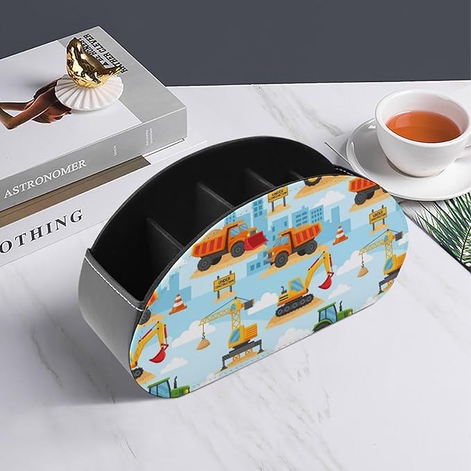 5-Compartment Remote Control Holder, PU Leather Storage Box for TV Remotes, Makeup Brushes, and Desk Accessories, Under Construction