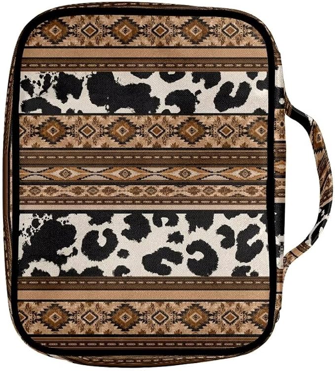 Coldinair Tribal Aztec Bible Covers for Women Men,Native Geometric Carrying Book Bible Case Cow Print Church Bag Bible Protective with Handle & Zippered Pocket