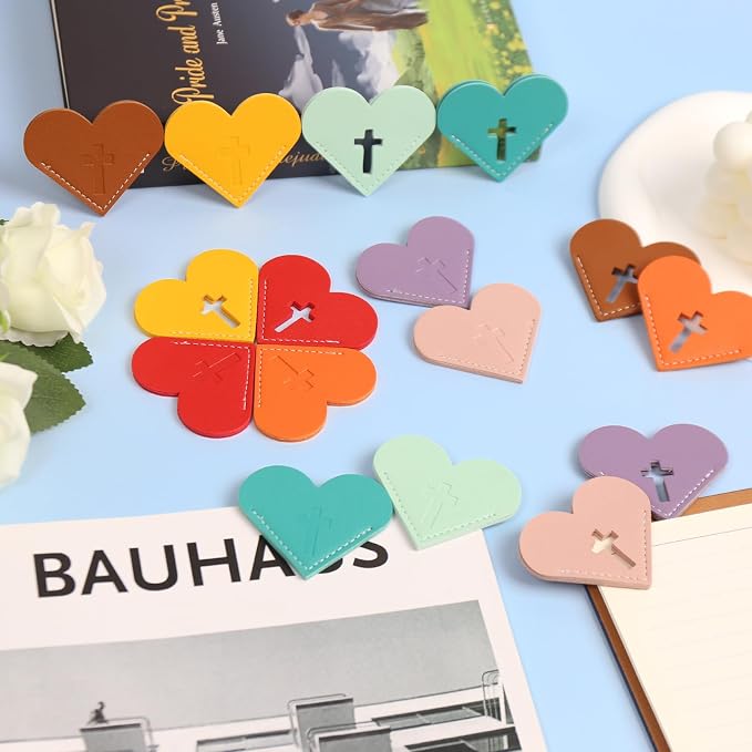 8 Pcs Leather Heart Bookmarks with Cross Design, Christian Gifts for Women, Book Accessories and Gifts for Church or Book Club(Embossed)