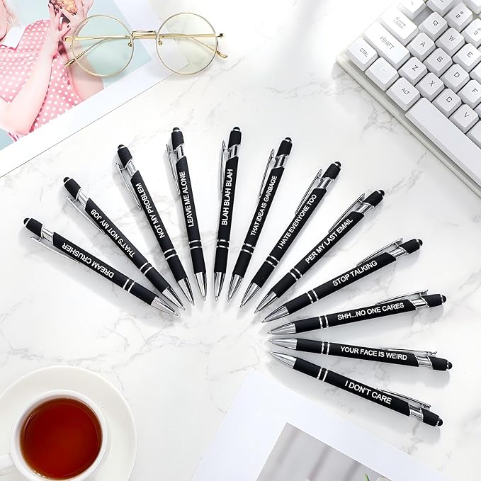 Zonon 12 Pcs Inspirational Pens Gift Set Funny Ballpoint Pen with Stylus Tip Motivational Graduation Gifts Bulk for Teacher Coworkers Nurse School Office Supplies(Black,Negative Style)