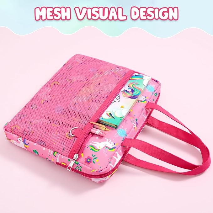 WAWSAM Unicorn Kids Mesh Zipper Pouch, File Organizer Folders with Pocket | 13.78" x 11.42" Waterproof File Folder for Girls with Handle, Document Organizer for School, Books, Travel, Home Storage