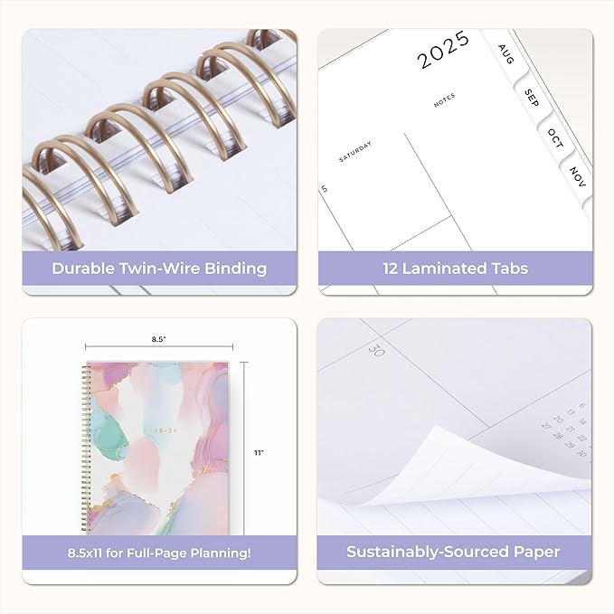 Blue Sky Ashley G 2025-2026 Weekly and Monthly Academic Year Planner Calendar, July 2025 - June 2026, 8.5" x 11", Flexible Cover, Wirebound, Laminated Tabs, Multi Color Smoke
