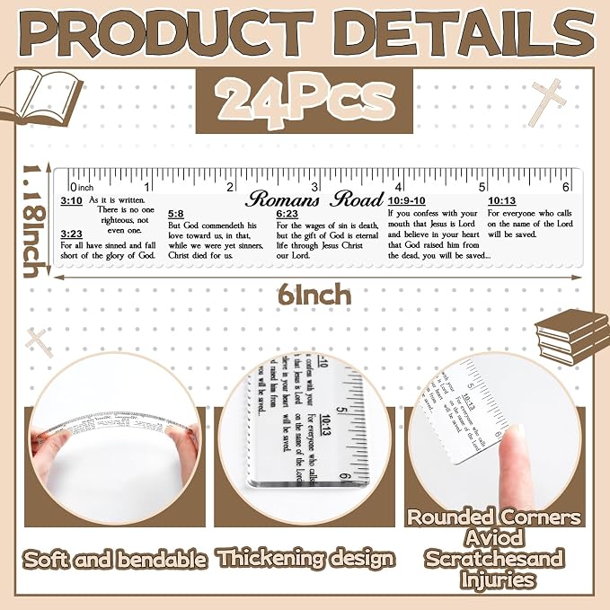 24 Pcs Clear Bible Verses Ruler with Scalloped Edge 6 Inch Christian Rulers with Books of the Bible for School Classrooms,Multitool or Bookmark(Romans Road)