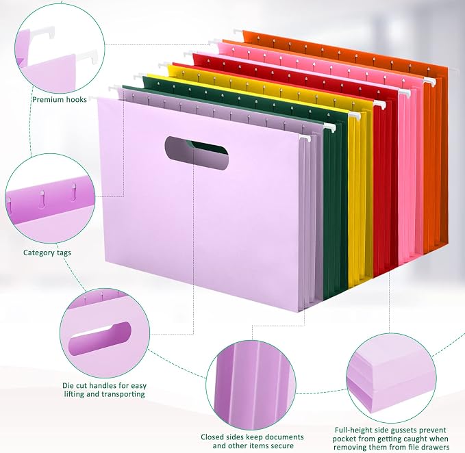 Tinlade 24 Pcs Hanging File Folders with Full Height Gusset Paper A4 Expanding Letter Size Hanging File Folders for Designed for Bulky Files Medical Charts (Stylish Color,Hole Style)