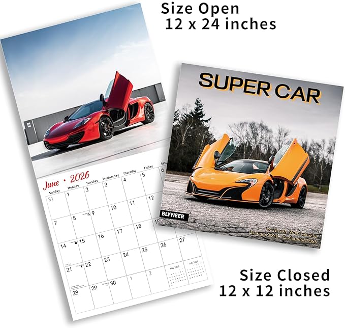 2026 Wall Calendar Supercar, 14 Months Hangable Wall Calendars, 12" x 24" (Open), Thick Glossy Paper, Organizing & Planning
