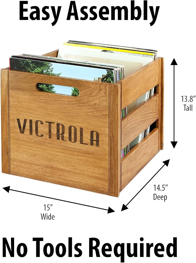 Victrola Wooden Record Crate – Tabletop Vinyl Album Holder, No-Tool Assembly, Holds Over 50 Records, Real Wood Construction, Elegant Design (Natural Wood)
