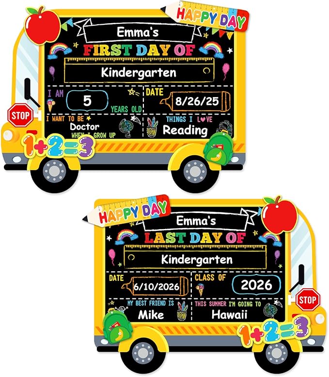 D4DREAM First Day of School Board - 14''x10.5'' Double-Sided Bus 1st First and Last Day of Preschool Pre-K Chalkboard Sign Reusable Back to School Sign Photo Prop Gift for Kids Son Daughter