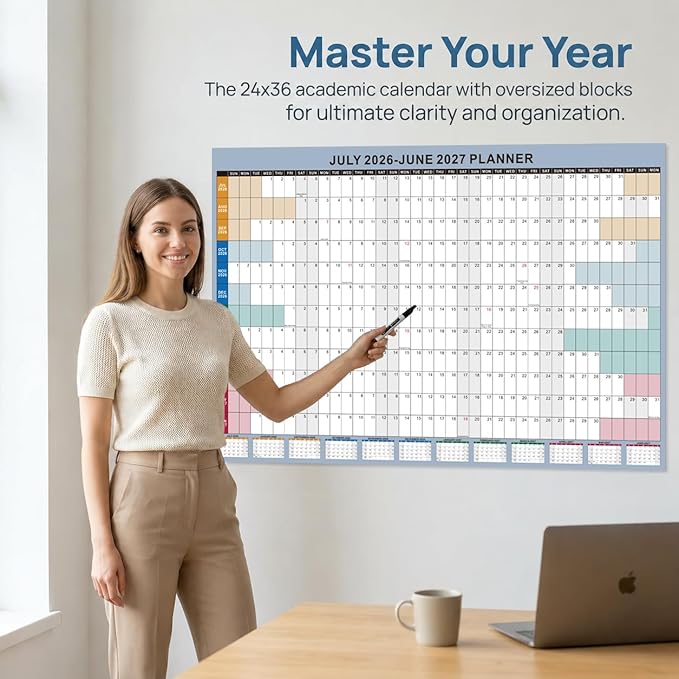 24x36 Inch Academic Wall Calendar 2026-2027 - Folded Large Yearly Wall Planner July-june, Boho12-Month Paper Calendar with Large Blocks for School, Office, Teachers & Home