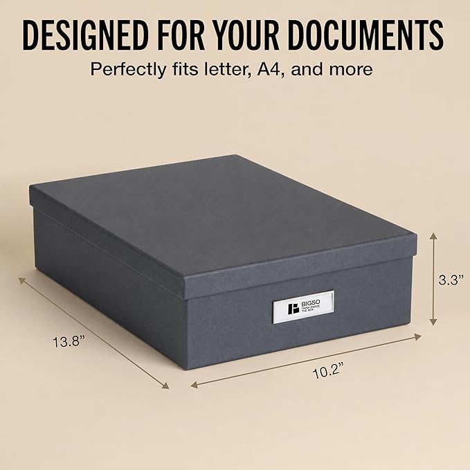 Bigso Oskar Fiberboard Label Frame Document Letter Box - File Organizer Box for Important Paperwork - Document Storage with a Lid & Metal Label Window - 3.3 in x 10.2 in x 13.8 in - Dark Grey