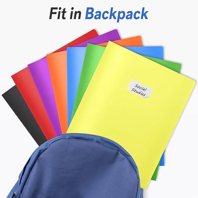 Sooez 7 Pack Folders with Pockets, 2 Pocket Folders with Extra Labels, Plastic Folder with Pockets, Heavy Duty File Folder Bulk, School Business Office Filing Supplies
