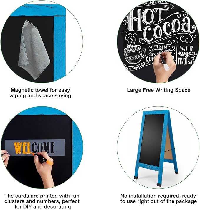 Large Sandwich A-Frame Chalkboard Sign - 40 x 20 Inches Blue Magnetic Wooden Chalk Board for Sidewalk, Stand up Double-Sided Outdoor Easel Display for Restaurant Cafe Shop Wedding Party or Business