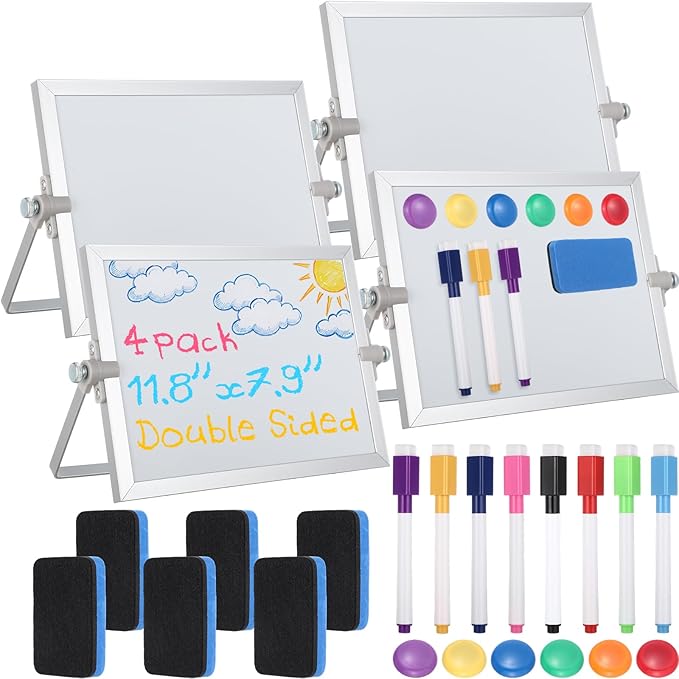 4 Pcs Small Dry Erase White Board with Stand 12 x 8'' Double Sided Magnetic Tabletop Whiteboard Mini Dry Erase Easel Board with 8 Markers 6 Magnets 6 Eraser for Drawing Office School Home