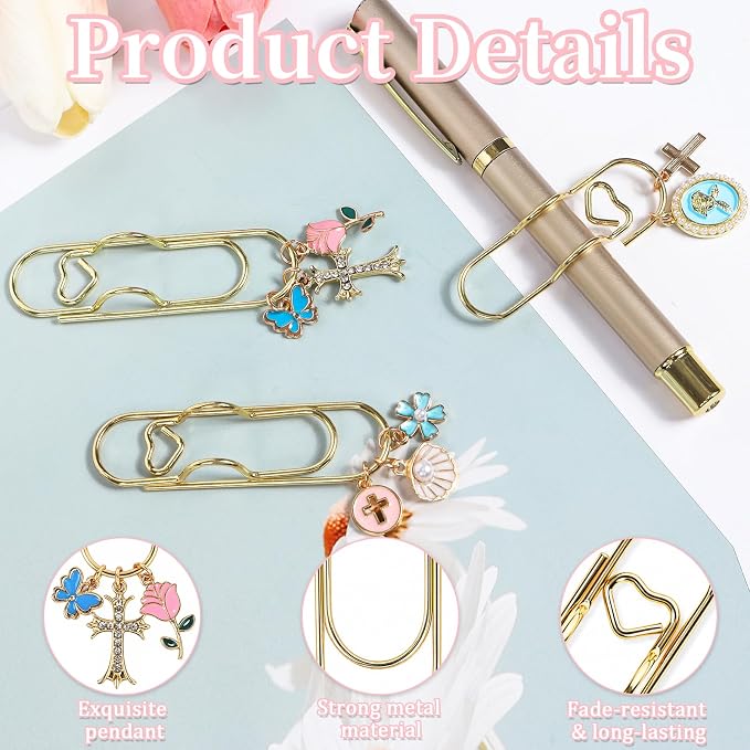 Wxiben Bible Paper Clip Bookmark - 3 Pcs Christian Metal Paperclip Pen Holder Book Mark with Charms Faith Page Marker Planner Decorative Paper Clips Gifts for Women Reading Book Lover Accessories