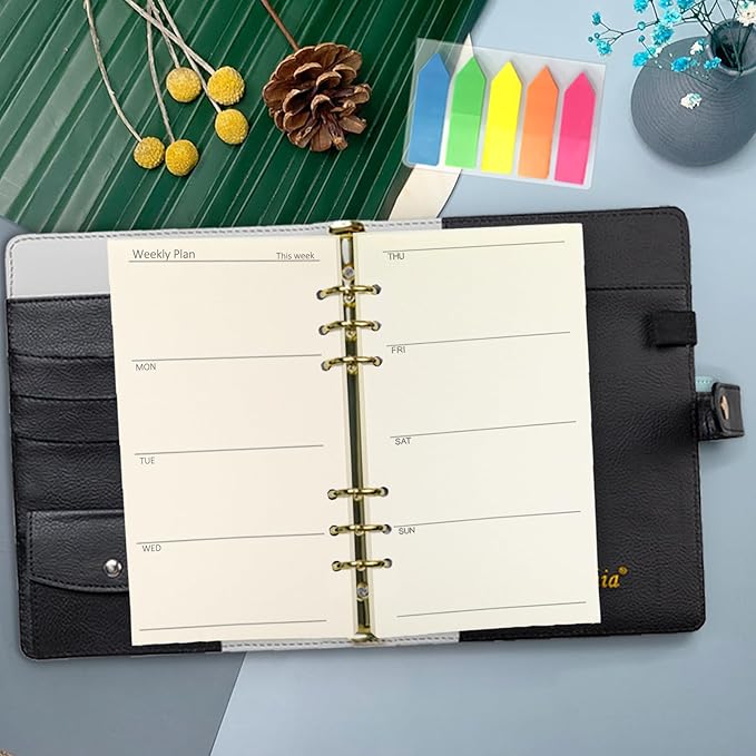 Harphia A6 6 Holes Binder Refill Set, 90Sheets Weekly Planner Insert, 5 Sheets Divider Paper, Today ruler With Inch, Translucent Zipper Bag, Pvc Card Bag, 200Pcs Colorful Index Stickers 005Da6Week