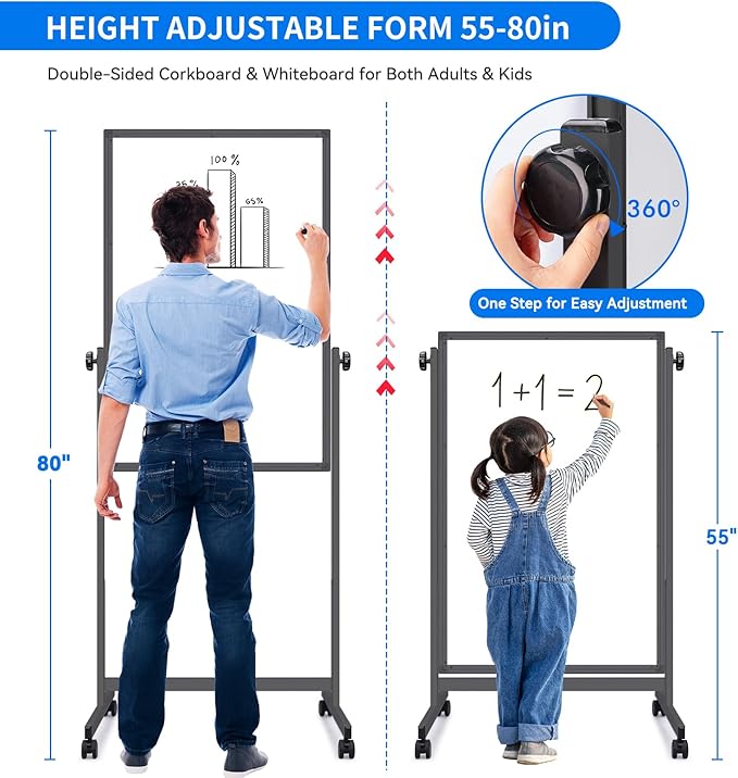 maxtek Rolling White Board, 48 x 32 Height Adjustable Whiteboard on Wheels, Large Magnetic Standing Mobile Easel Board, Double-Sided with Stand for Office, Home, and Classroom（Black）