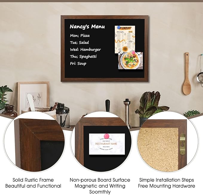 4 THOUGHT Chalk Board 24" x 36", Magnetic Large Chalkboard for Wall Rustic Blackboard Hanging Chalkboards Sign Menu Board for Kitchen Decor Office Home School 4 Markers 8 Magnets, Brown