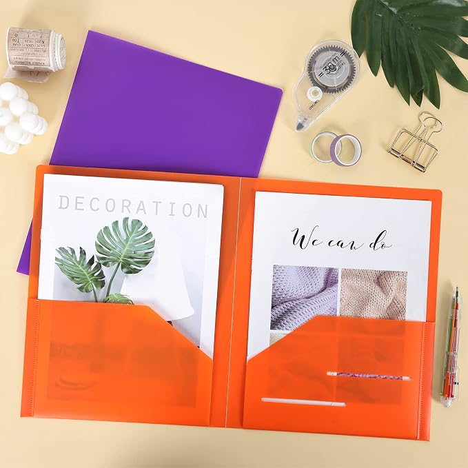 EOOUT 24pcs Folders with Pockets, Plastic Pocket Folders, 2 Pocket Folders with 2 Business Card Holder, 6 Colors, Letter Size, A4 Size, for Office, Teaching, Students and School
