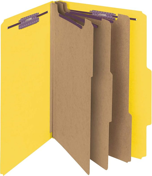 Smead Pressboard Classification File Folder with SafeSHIELD Fasteners, 3 Dividers, 3" Expansion, Legal Size, Yellow, 10 per Box (19098) (Pack of 1)