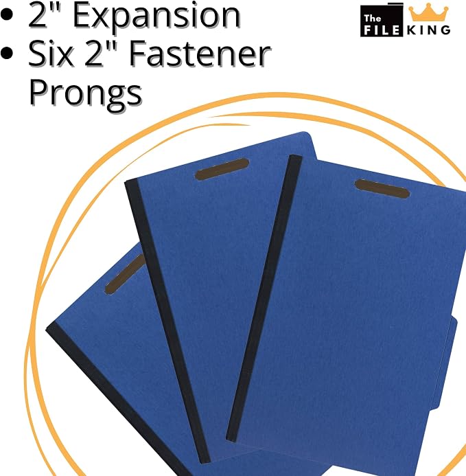 The File King Pressboard Classification Blue Partition File Folder | Legal Size - Box of 10 | Two Dividers | Six 2” Durable Fastener Prongs | 2/5 Cut Top Tab | 2” Expansion